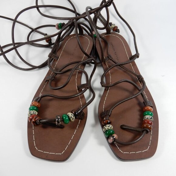 LOEFFLER RANDALL Colleen Ankle Tie Sandals Size 8.5 Brown Leather Beaded NEW - Picture 8 of 13
